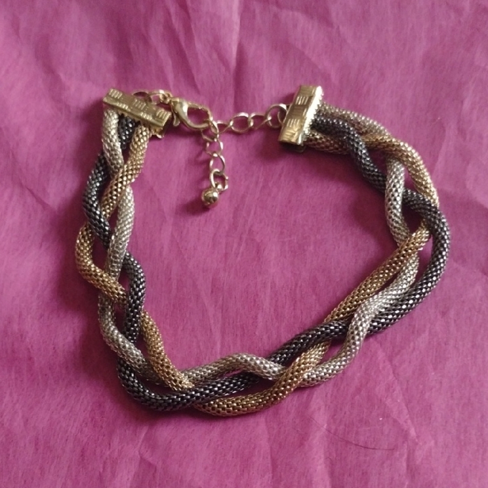 Gold,Charcoal and Silver Twisted Mesh Bracelet with Adjustable Clasp